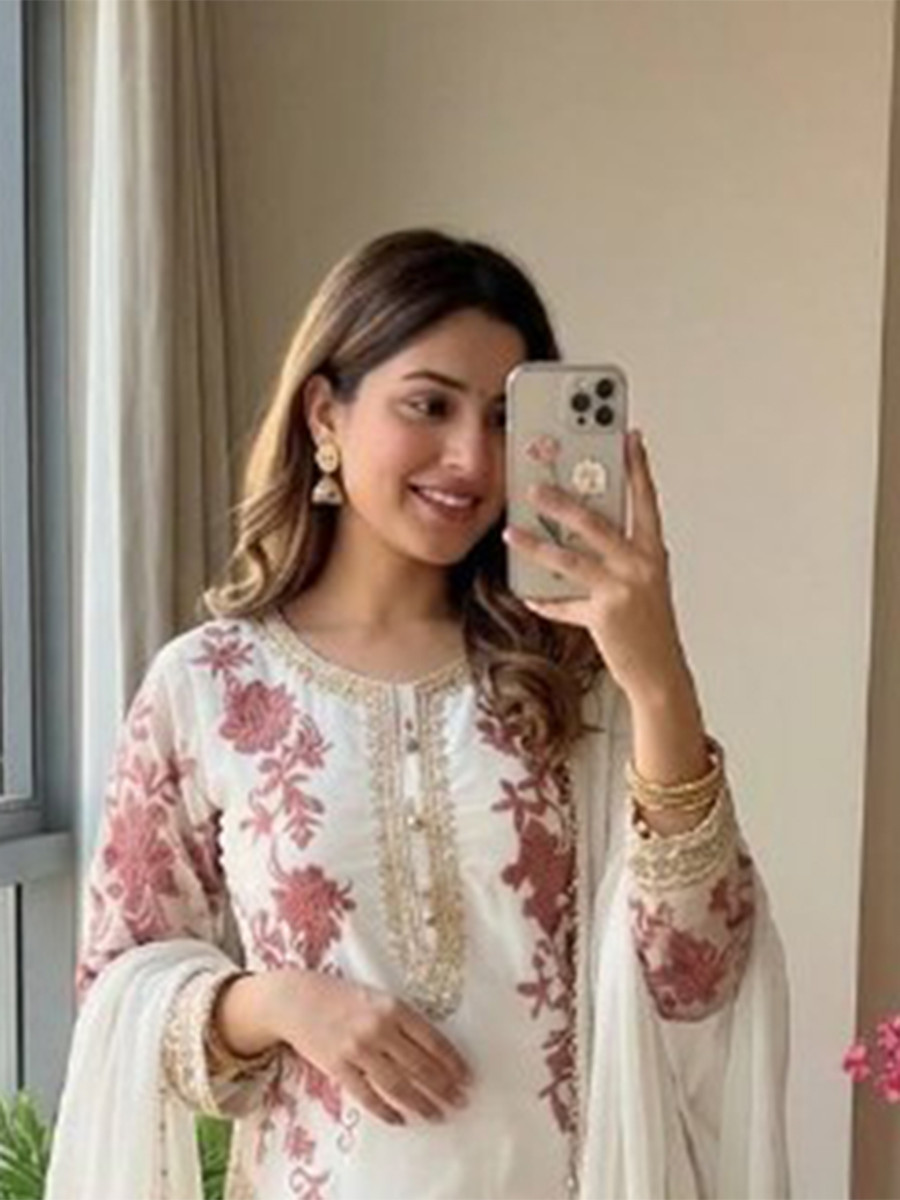 Off White Heavy Star Georgette Embroidery Beads Work Wedding Party Festival Casual Ready Palazzo Pant Salwar Kameez