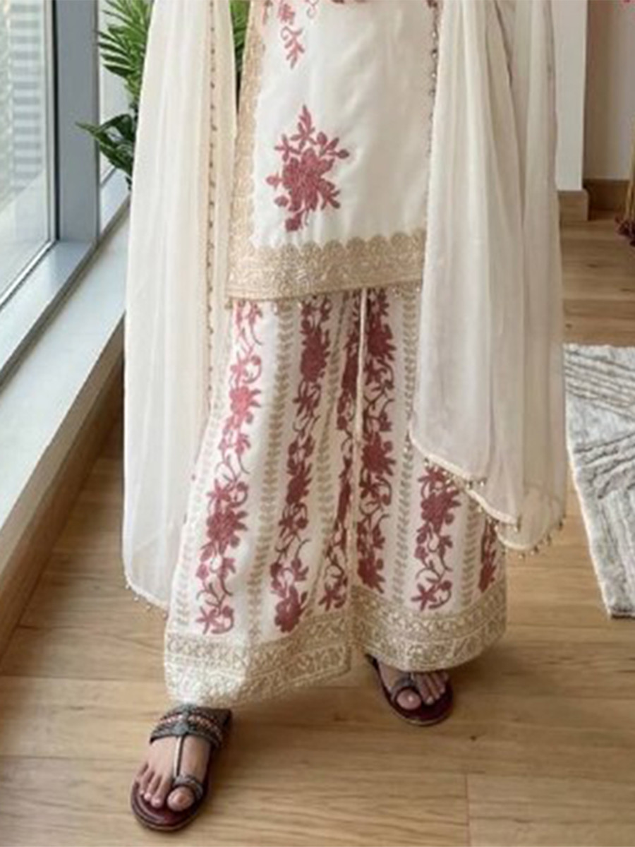Off White Heavy Star Georgette Embroidery Beads Work Wedding Party Festival Casual Ready Palazzo Pant Salwar Kameez