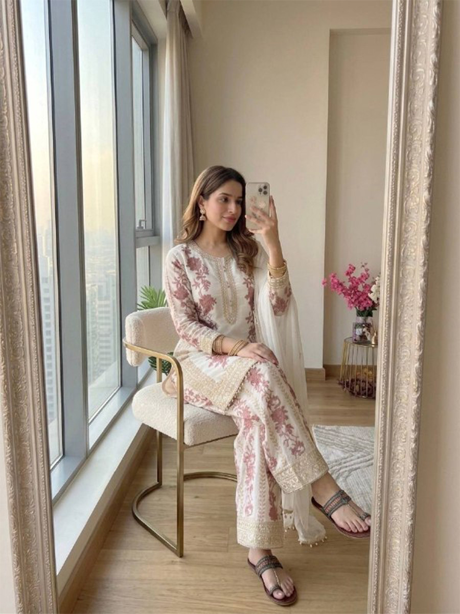 Off White Heavy Star Georgette Embroidery Beads Work Wedding Party Festival Casual Ready Palazzo Pant Salwar Kameez