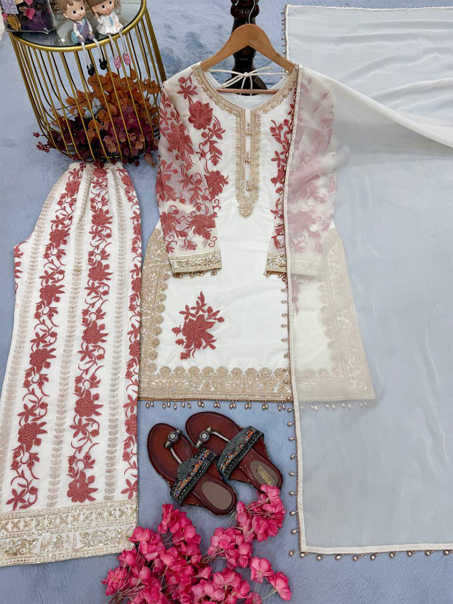 Off White Heavy Star Georgette Embroidery Beads Work Wedding Party Festival Casual Ready Palazzo Pant Salwar Kameez