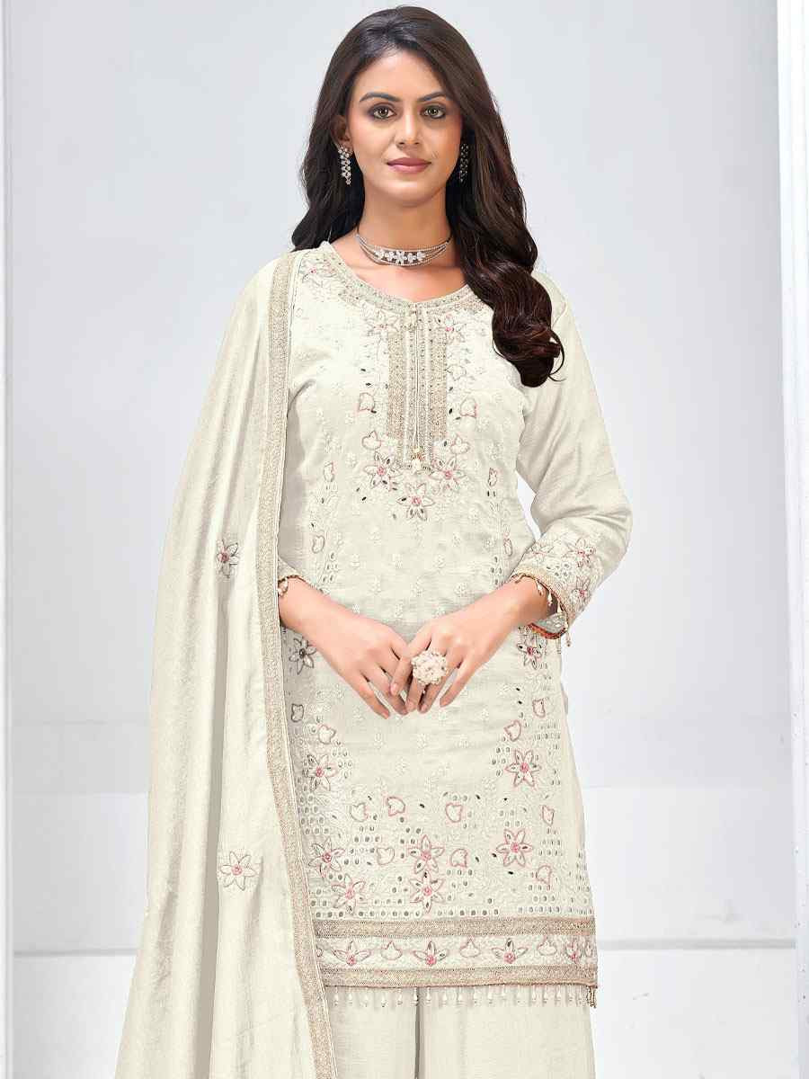 Off-White Heavy Vichitra Silk Embroidered Party Wedding Ready Palazzo pant Salwar Kameez
