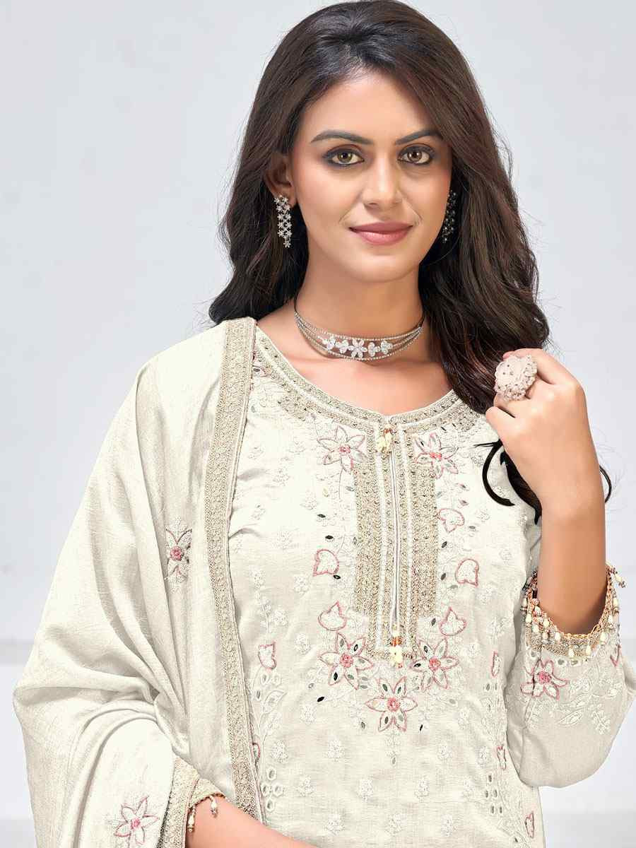 Off-White Heavy Vichitra Silk Embroidered Party Wedding Ready Palazzo pant Salwar Kameez