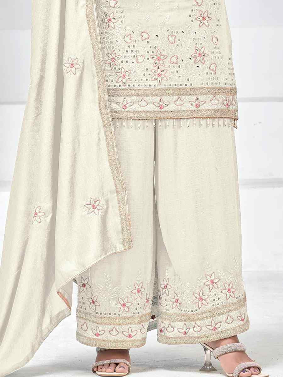 Off-White Heavy Vichitra Silk Embroidered Party Wedding Ready Palazzo pant Salwar Kameez