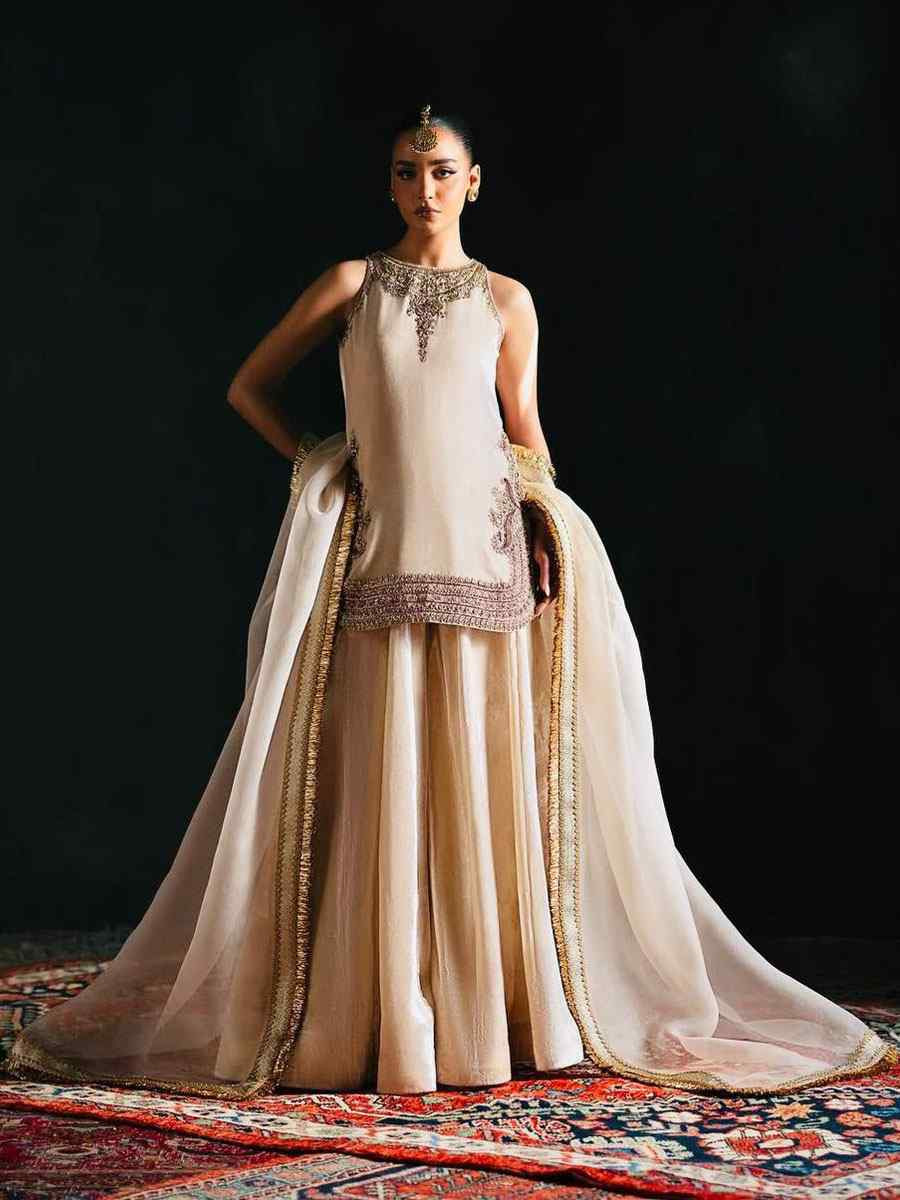 Off-White Heavy Viscose Velvet Plain with Embroidery Party Wedding Festival Casual Ready Palazzo Pant Salwar Kameez
