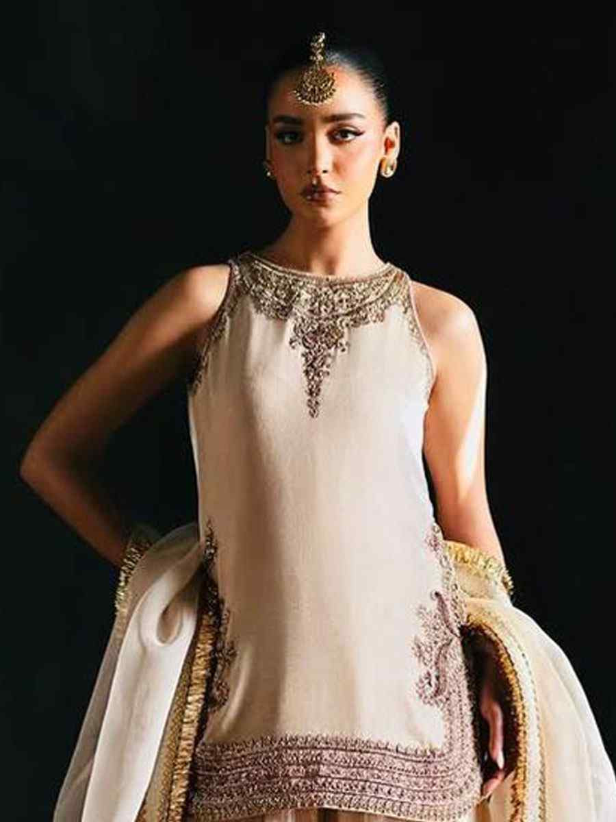 Off-White Heavy Viscose Velvet Plain with Embroidery Party Wedding Festival Casual Ready Palazzo Pant Salwar Kameez