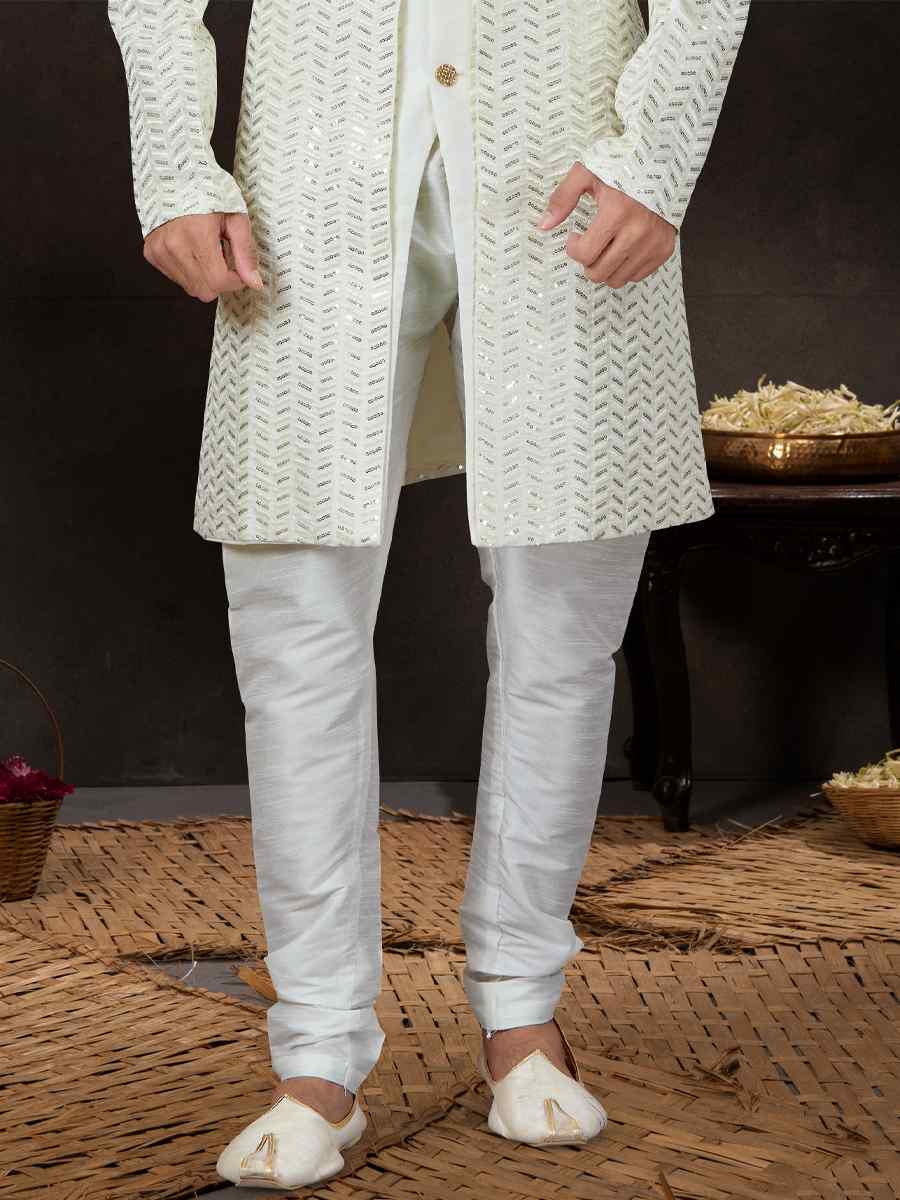 Off White Jacquard Embroidered Festival Wedding Sherwani
