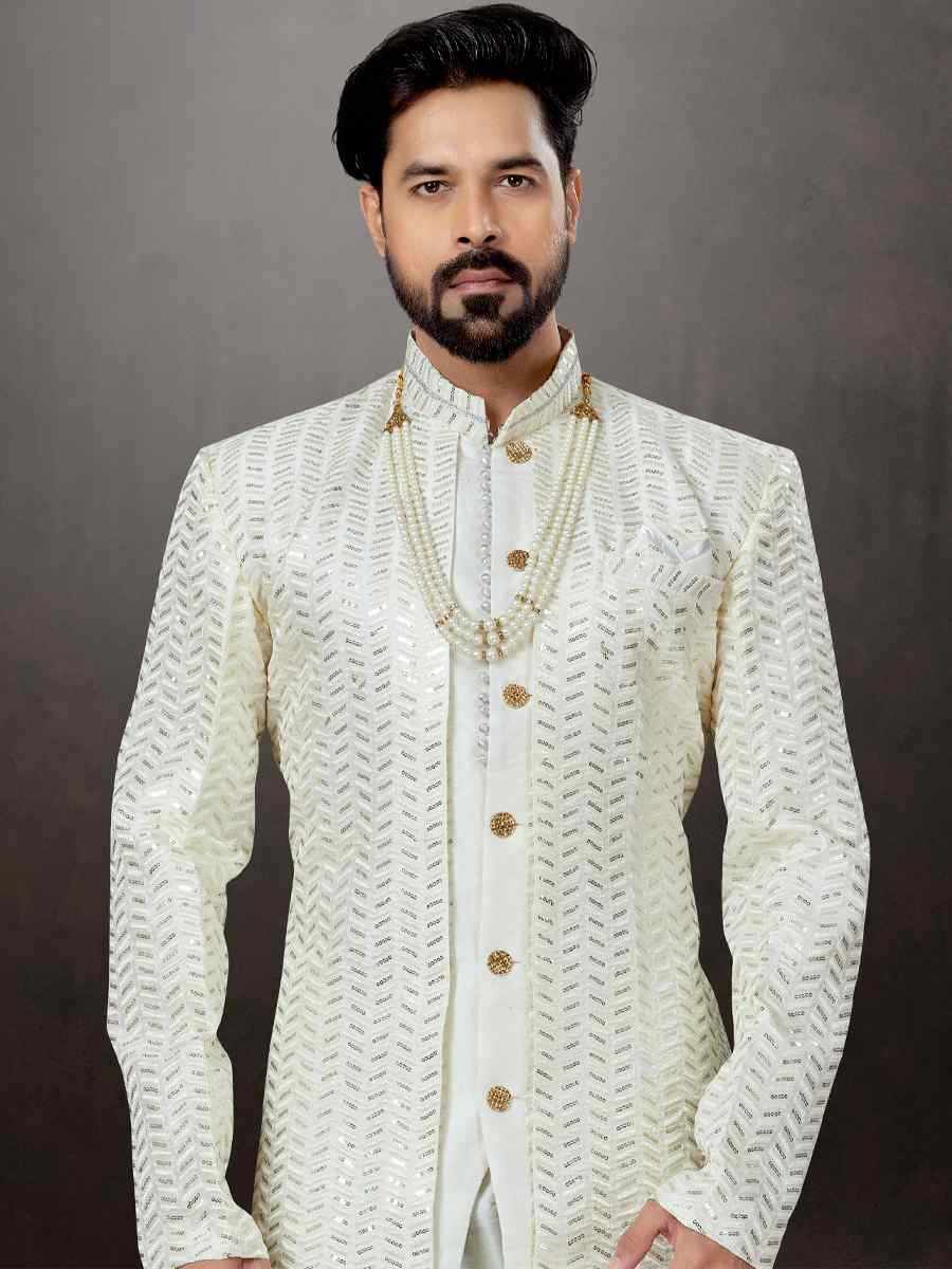 Off White Jacquard Embroidered Festival Wedding Sherwani