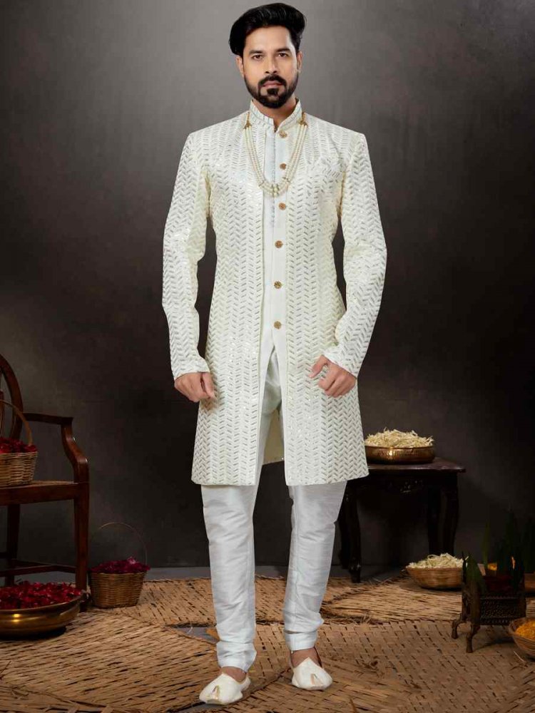 Off White Jacquard Embroidered Festival Wedding Sherwani