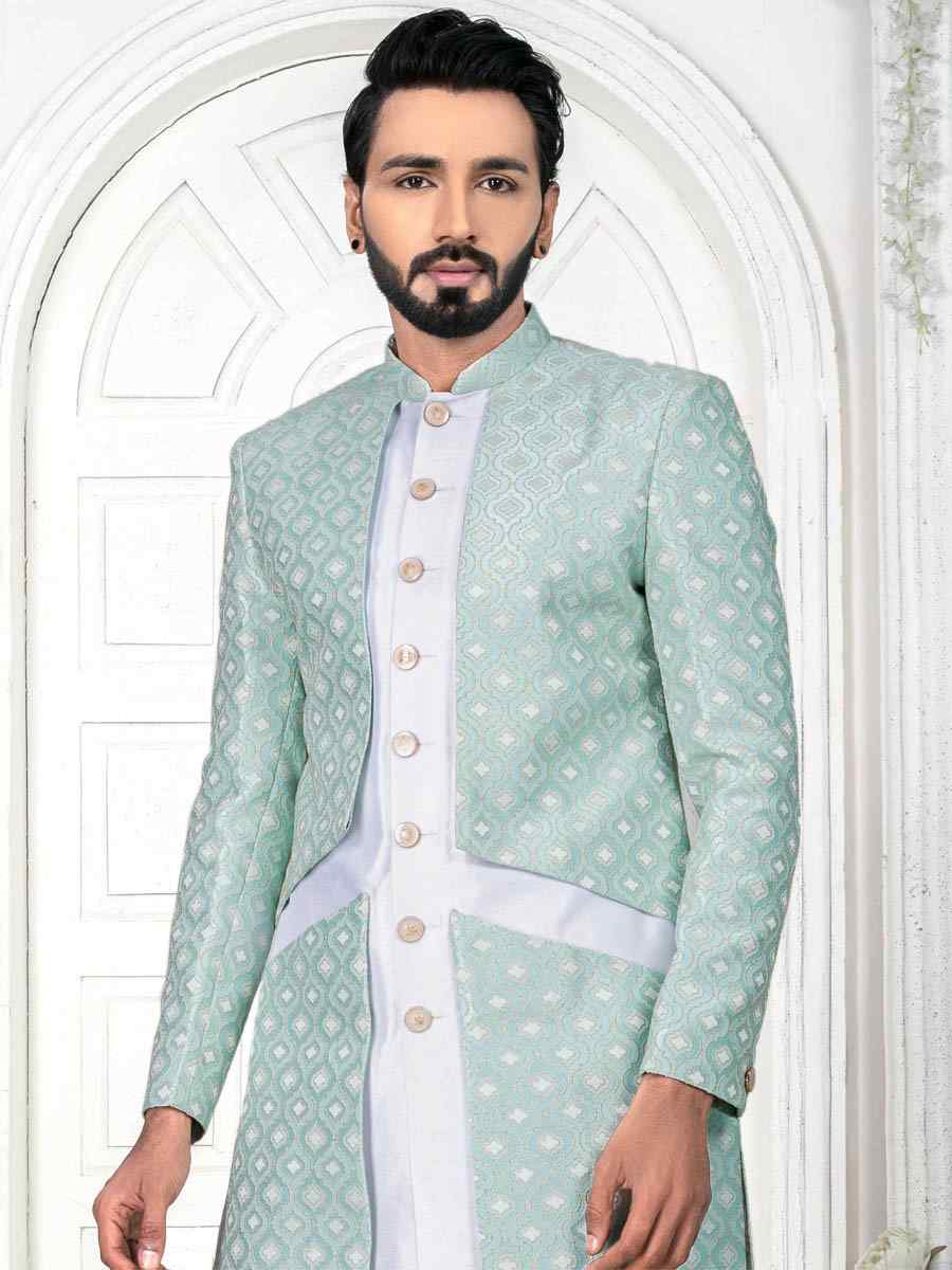 Off White Jacquard Embroidered Wedding Groom Sherwani