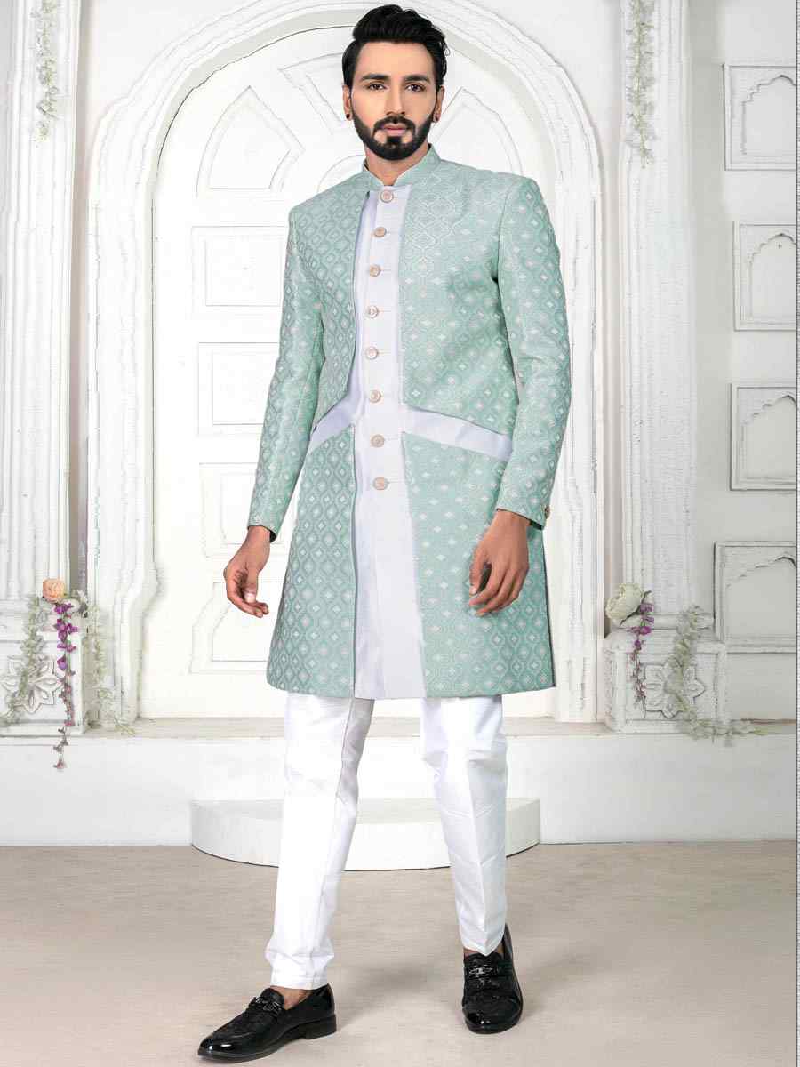 Off White Jacquard Embroidered Wedding Groom Sherwani