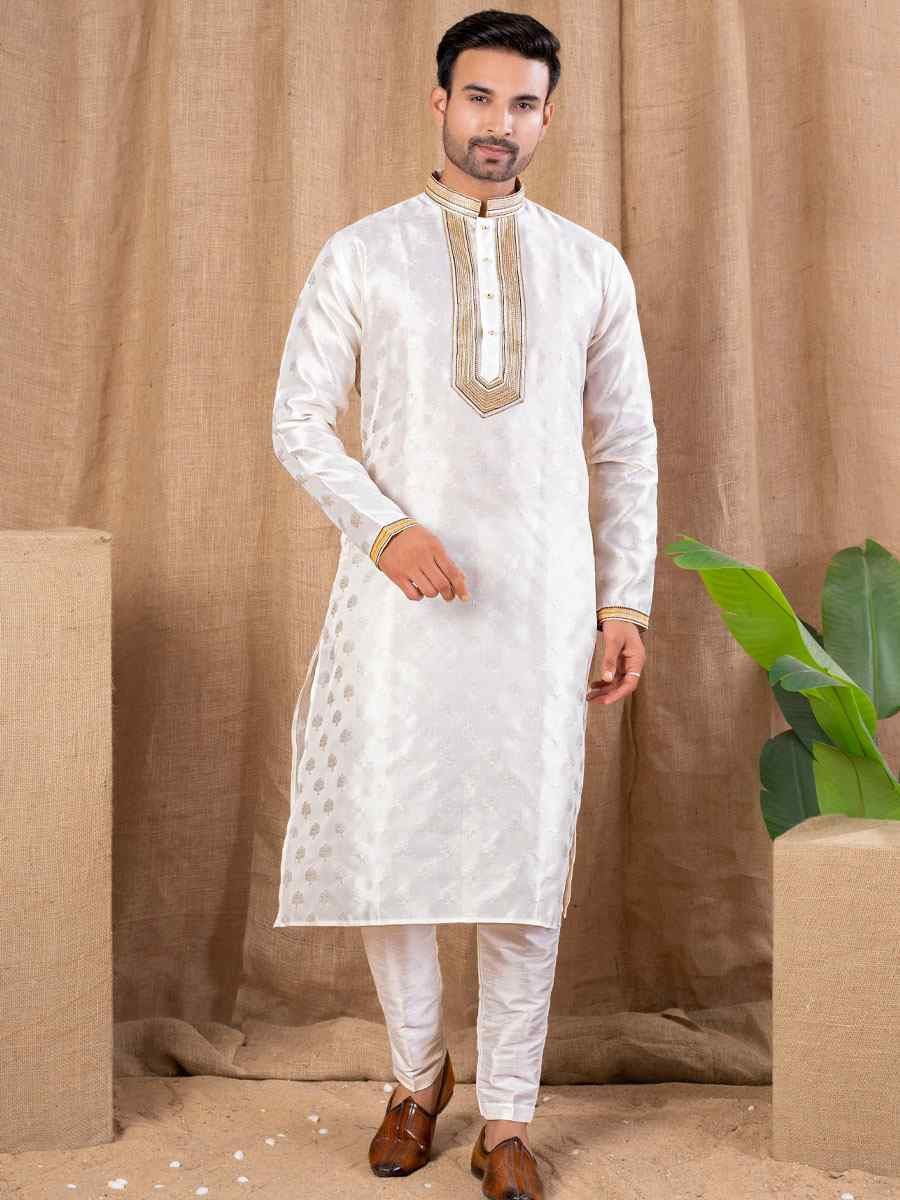 Off White Jacquard Embroidery Festival Wedding Party Mens Kurta