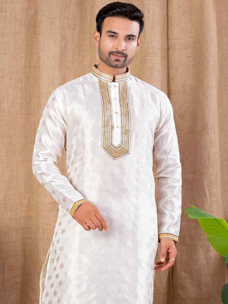Off White Jacquard Embroidery Festival Wedding Party Mens Kurta