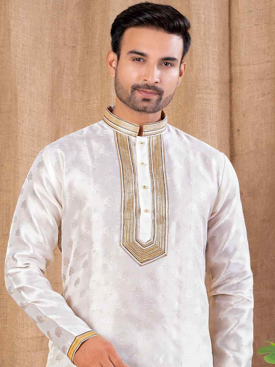 Off White Jacquard Embroidery Festival Wedding Party Mens Kurta