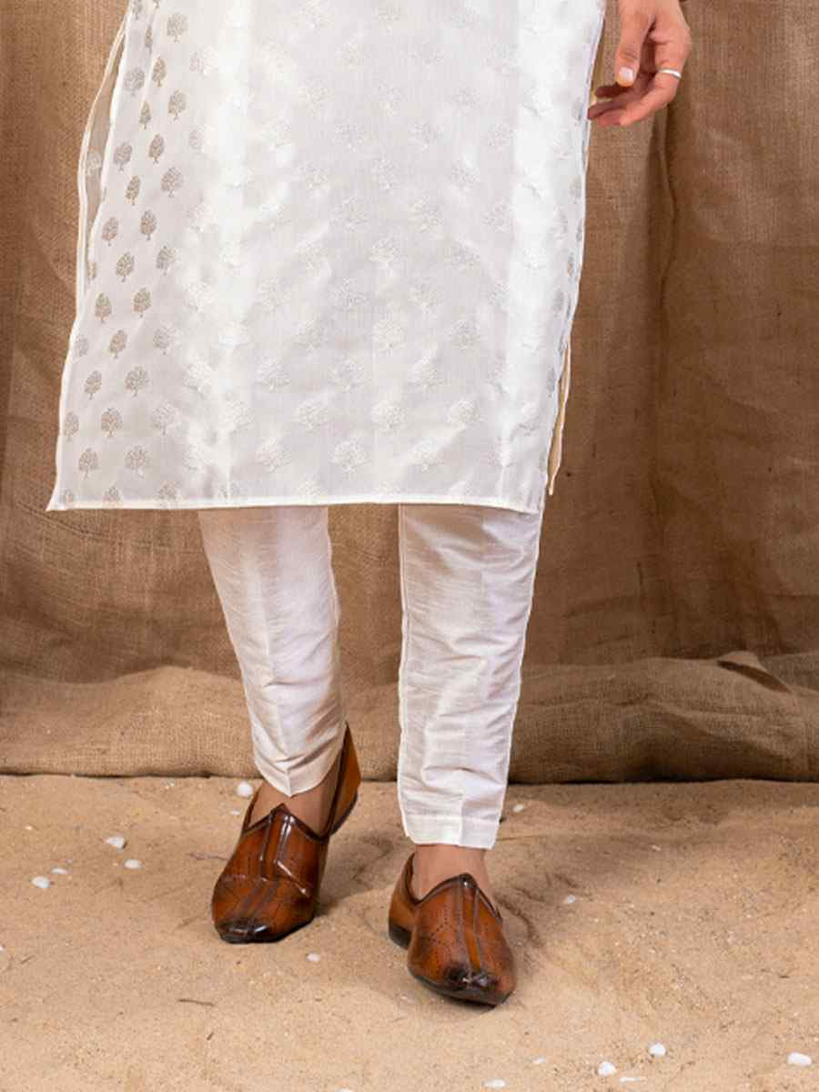 Off White Jacquard Embroidery Festival Wedding Party Mens Kurta