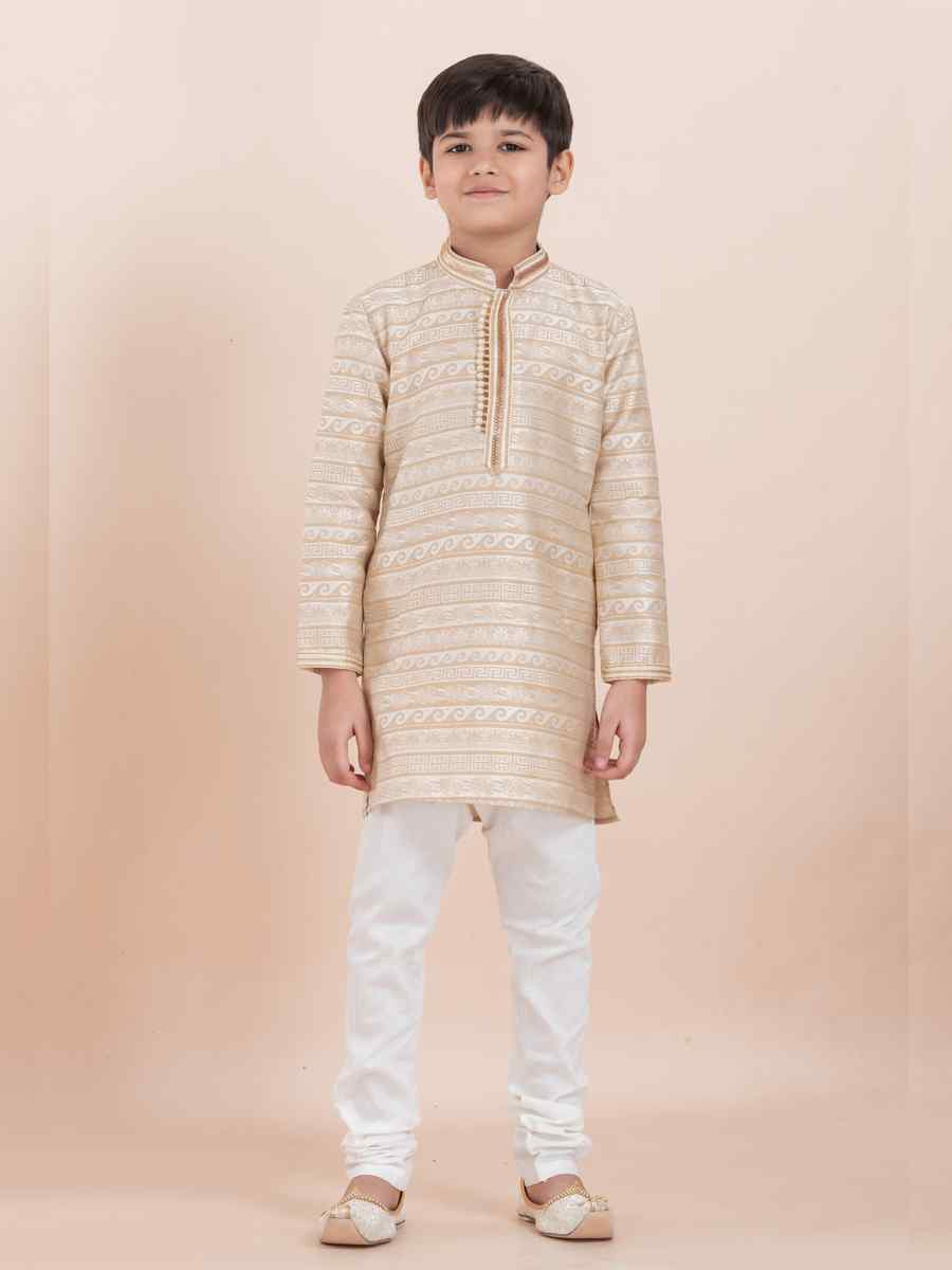 Off White Jacquard Silk Embroidered Festival Traditional Kurta Pyjama Boys Wear