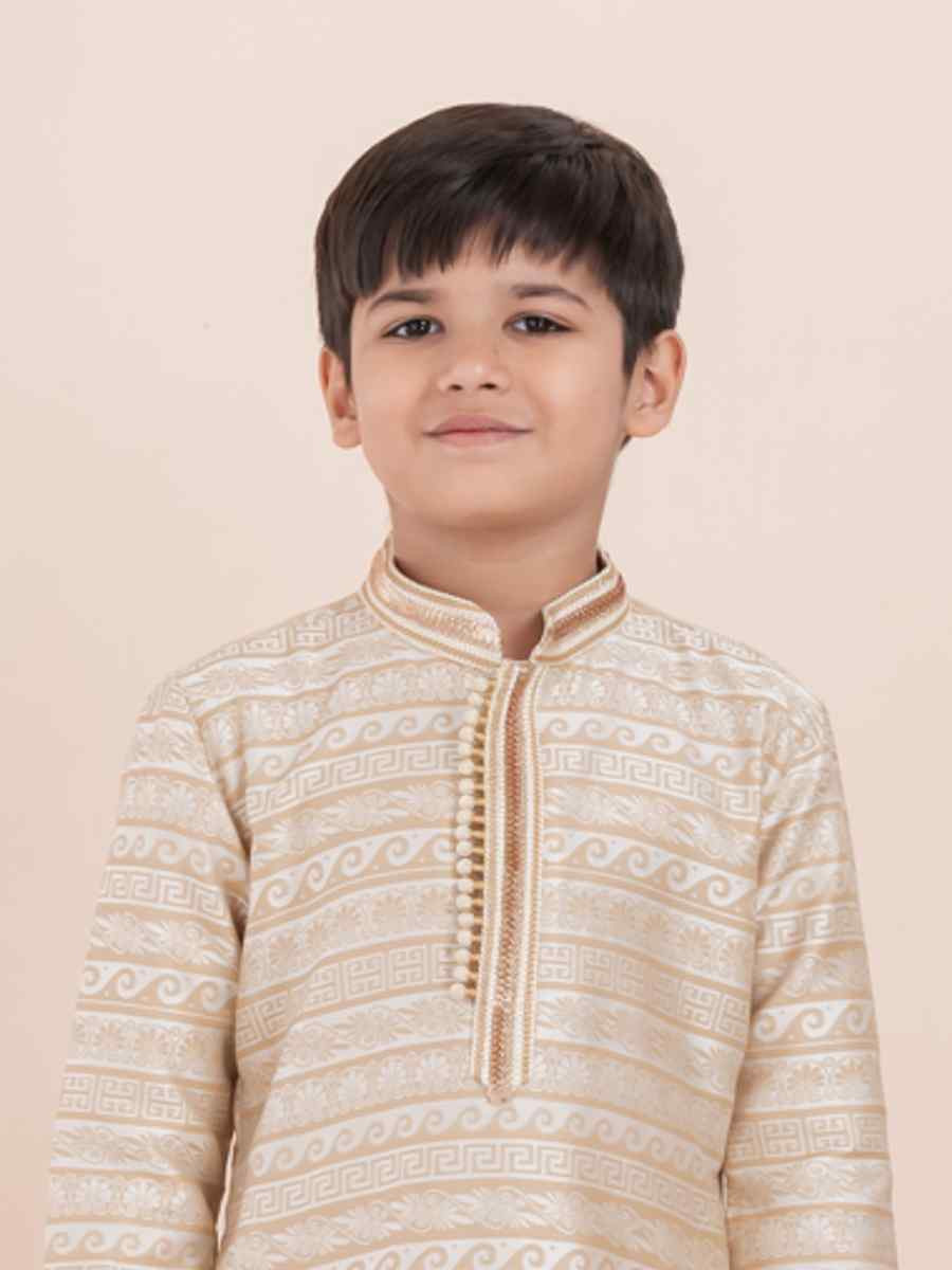 Off White Jacquard Silk Embroidered Festival Traditional Kurta Pyjama Boys Wear