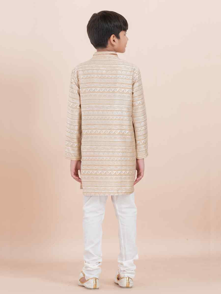 Off White Jacquard Silk Embroidered Festival Traditional Kurta Pyjama Boys Wear