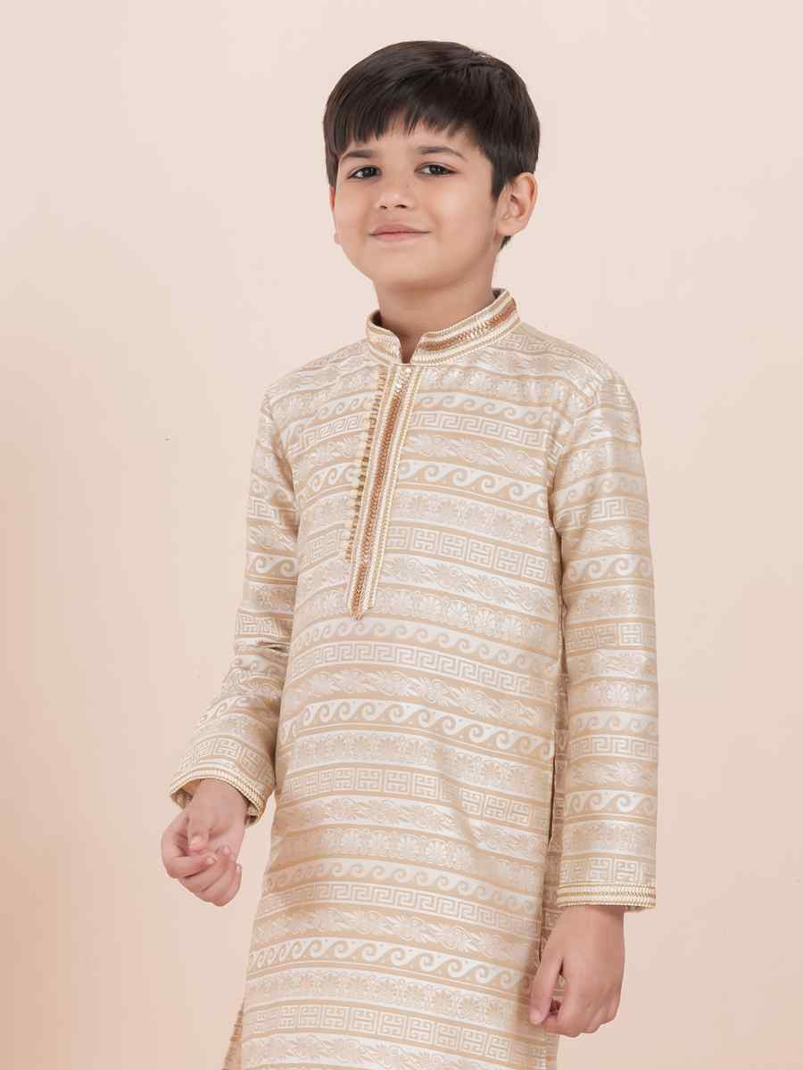 Off White Jacquard Silk Embroidered Festival Traditional Kurta Pyjama Boys Wear