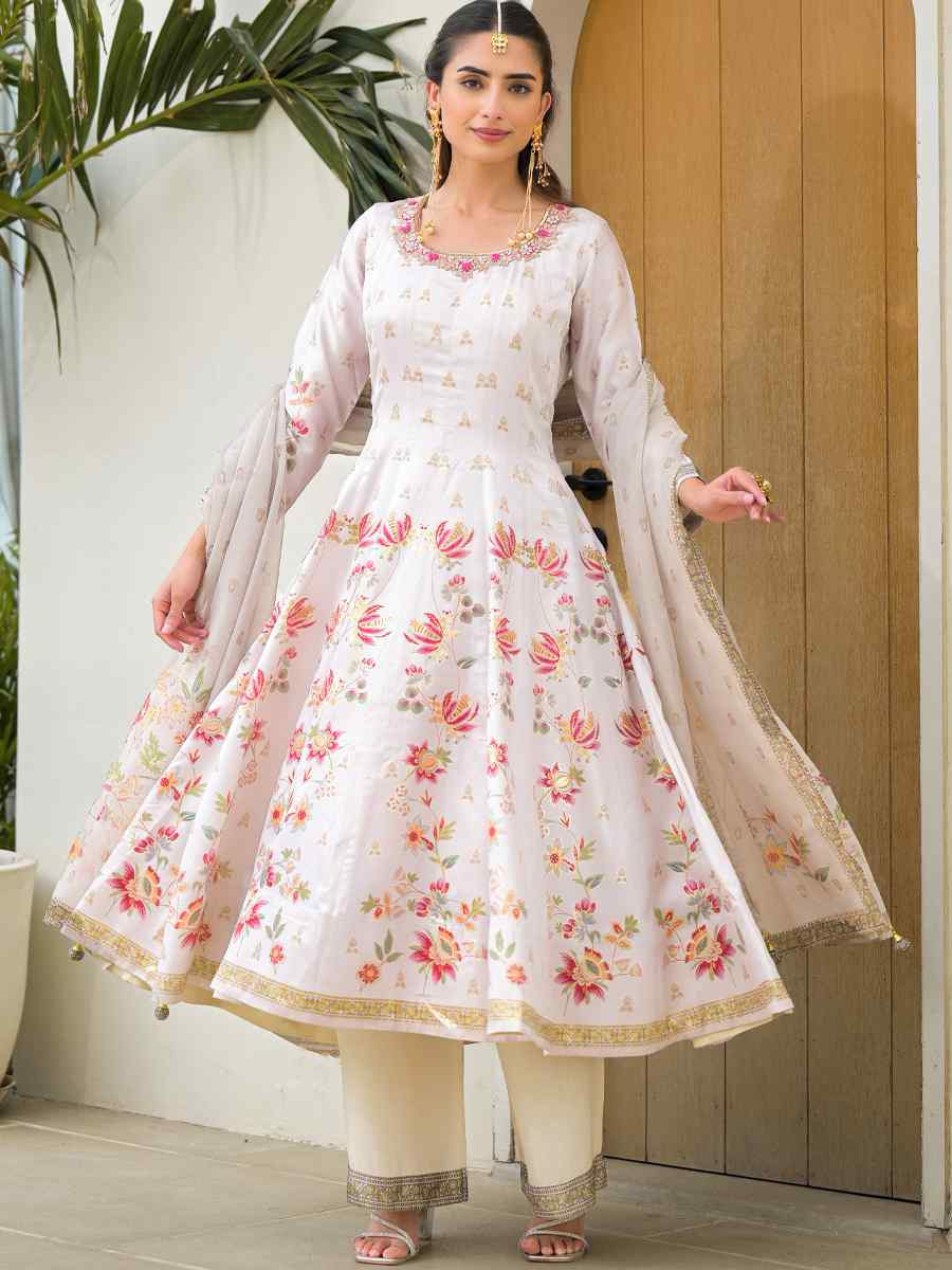 Off-White Jam Silk Printed Embroidery Party Wedding Festival Casual Ready Anarkali Palazzo Pant Salwar Kameez
