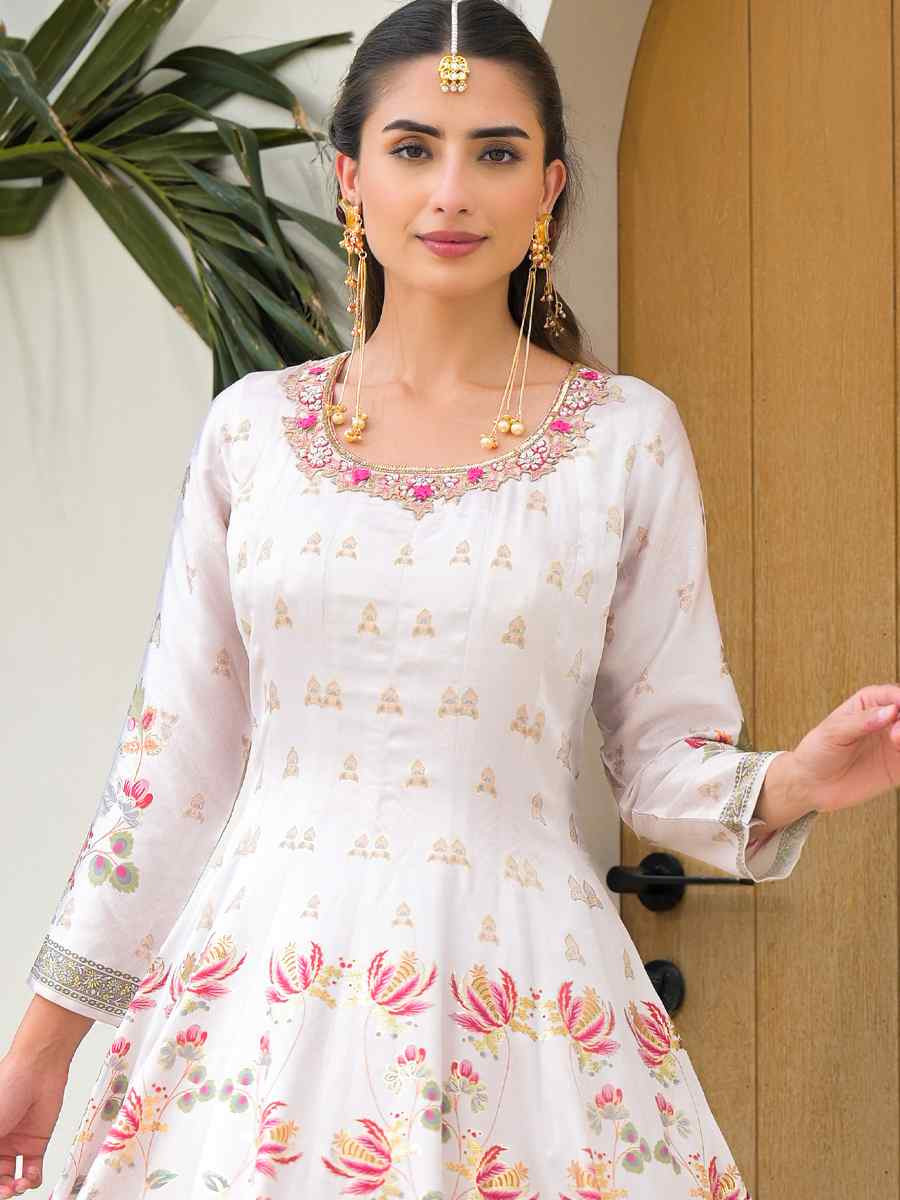 Off-White Jam Silk Printed Embroidery Party Wedding Festival Casual Ready Anarkali Palazzo Pant Salwar Kameez