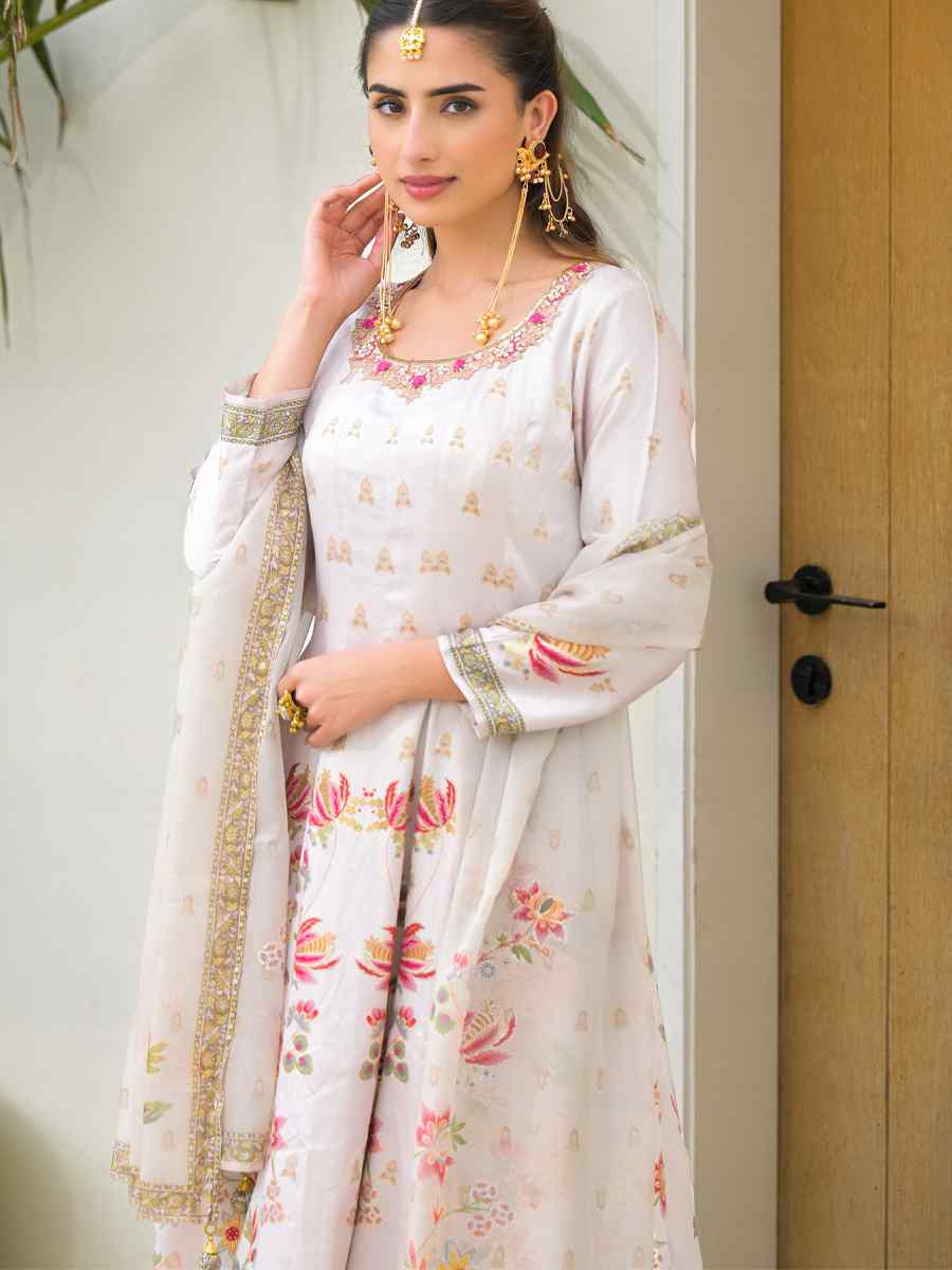 Off-White Jam Silk Printed Embroidery Party Wedding Festival Casual Ready Anarkali Palazzo Pant Salwar Kameez