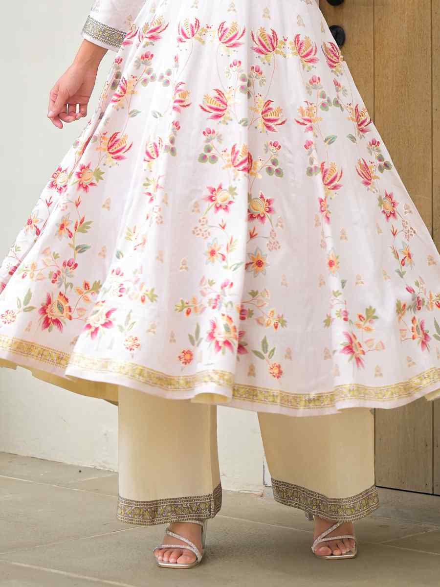 Off-White Jam Silk Printed Embroidery Party Wedding Festival Casual Ready Anarkali Palazzo Pant Salwar Kameez