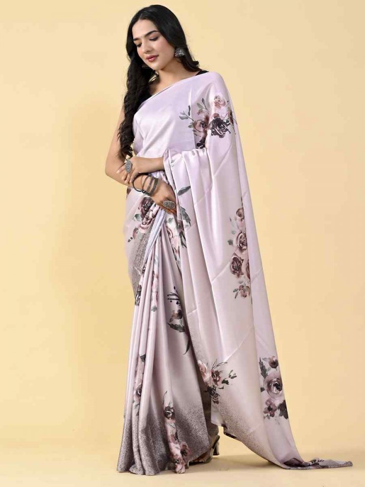 Off White Japan Satin Silk Printed Casual Party Contemporary Saree