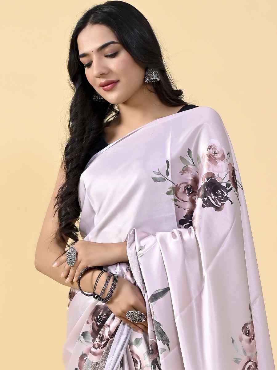 Off White Japan Satin Silk Printed Casual Party Contemporary Saree