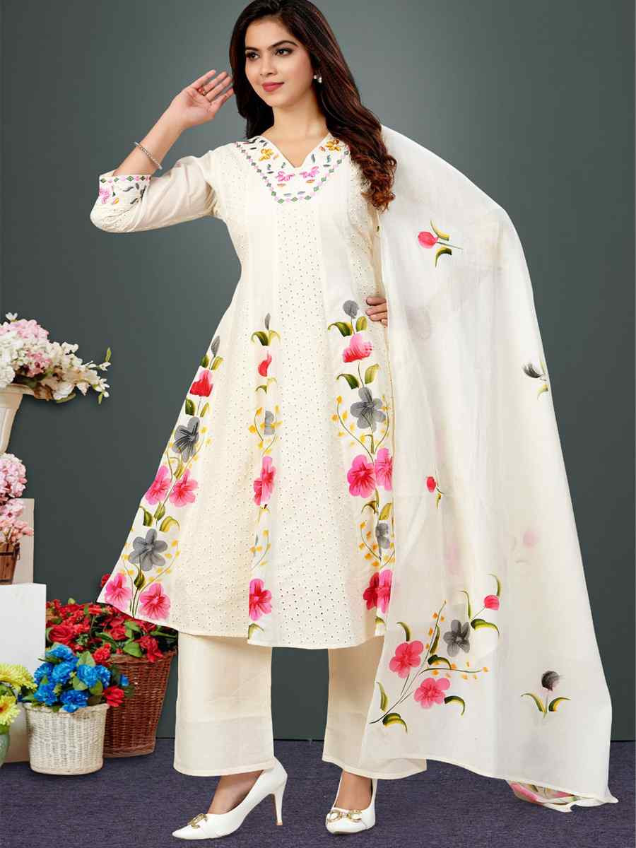 Off-White khadi Cotton Embroidery Party Wedding Festival Casual Ready Palazzo Pant Salwar Kameez