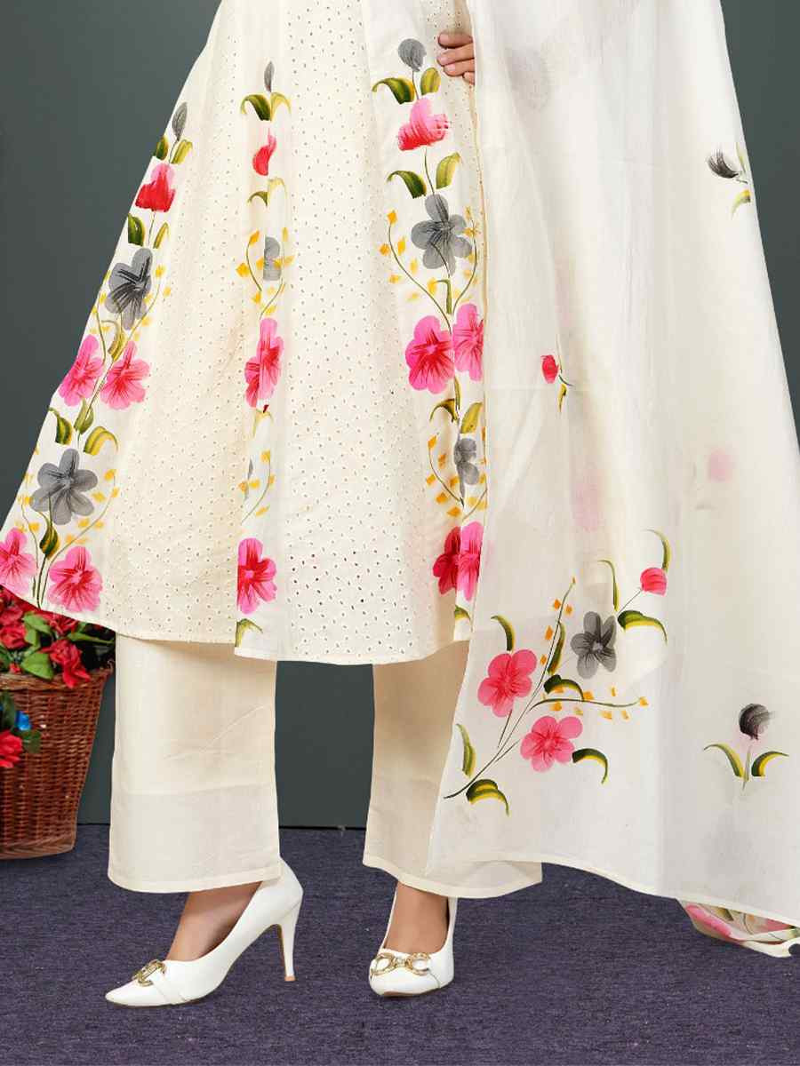 Off-White khadi Cotton Embroidery Party Wedding Festival Casual Ready Palazzo Pant Salwar Kameez