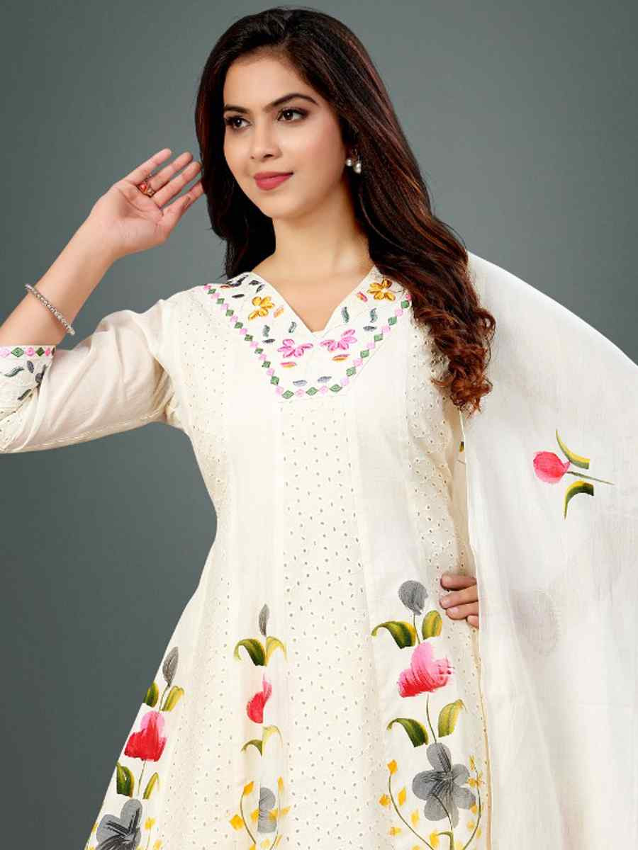 Off-White khadi Cotton Embroidery Party Wedding Festival Casual Ready Palazzo Pant Salwar Kameez