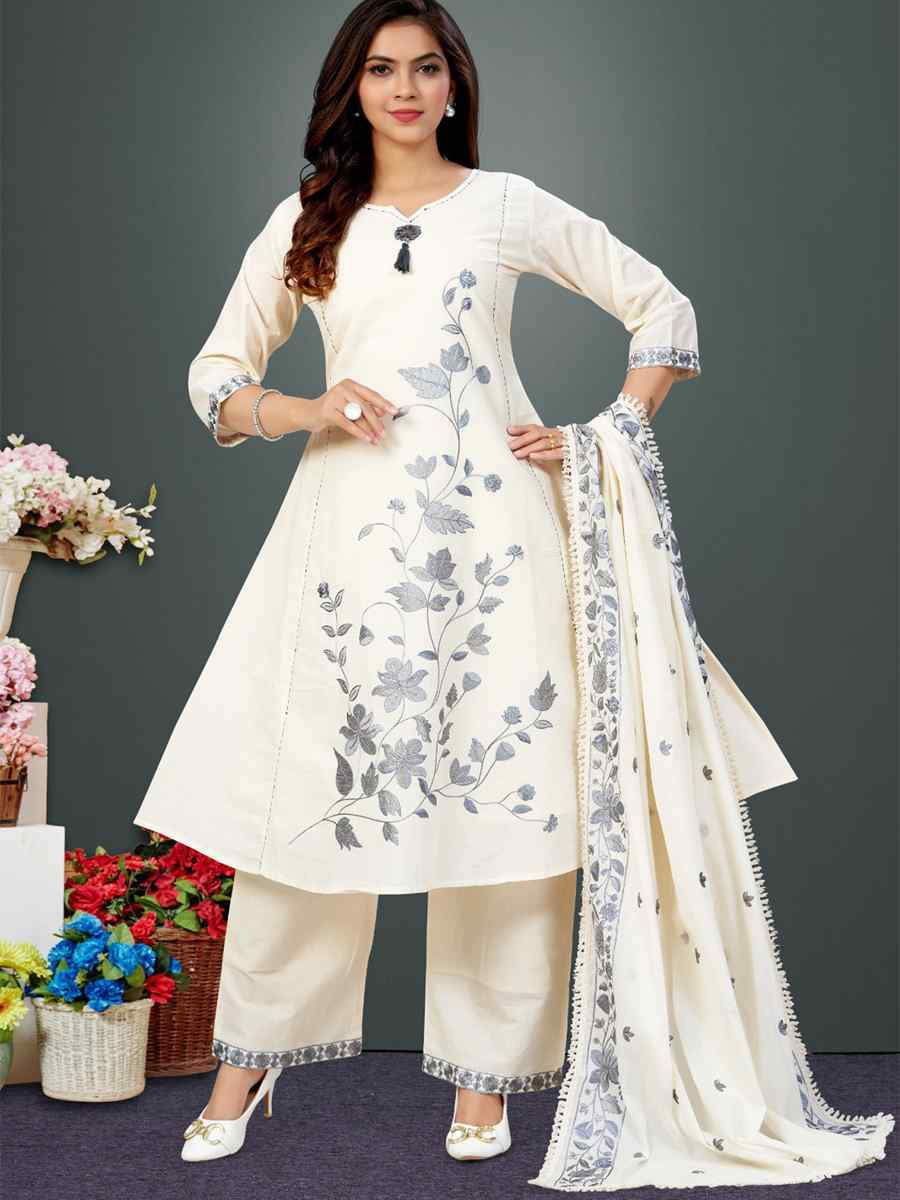 Off-White khadi Cotton Embroidery Party Wedding Festival Casual Ready Palazzo Pant Salwar Kameez