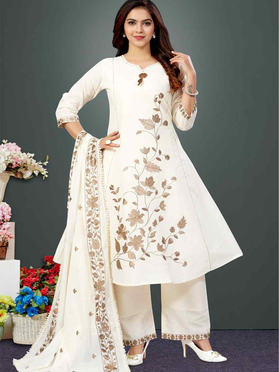 Off-White khadi Cotton Embroidery Party Wedding Festival Casual Ready Palazzo Pant Salwar Kameez