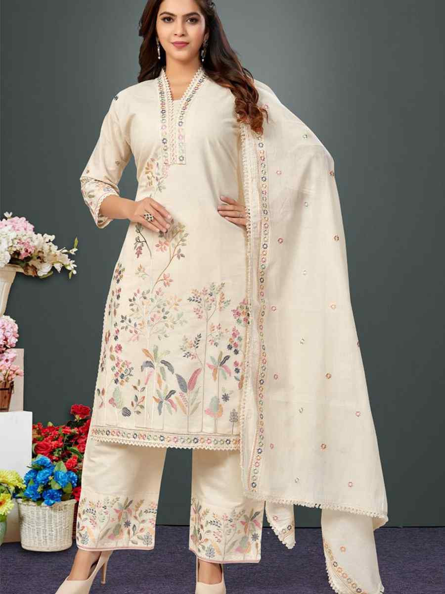 Off-White khadi Cotton Embroidery Party Wedding Festival Casual Ready Palazzo Pant Salwar Kameez