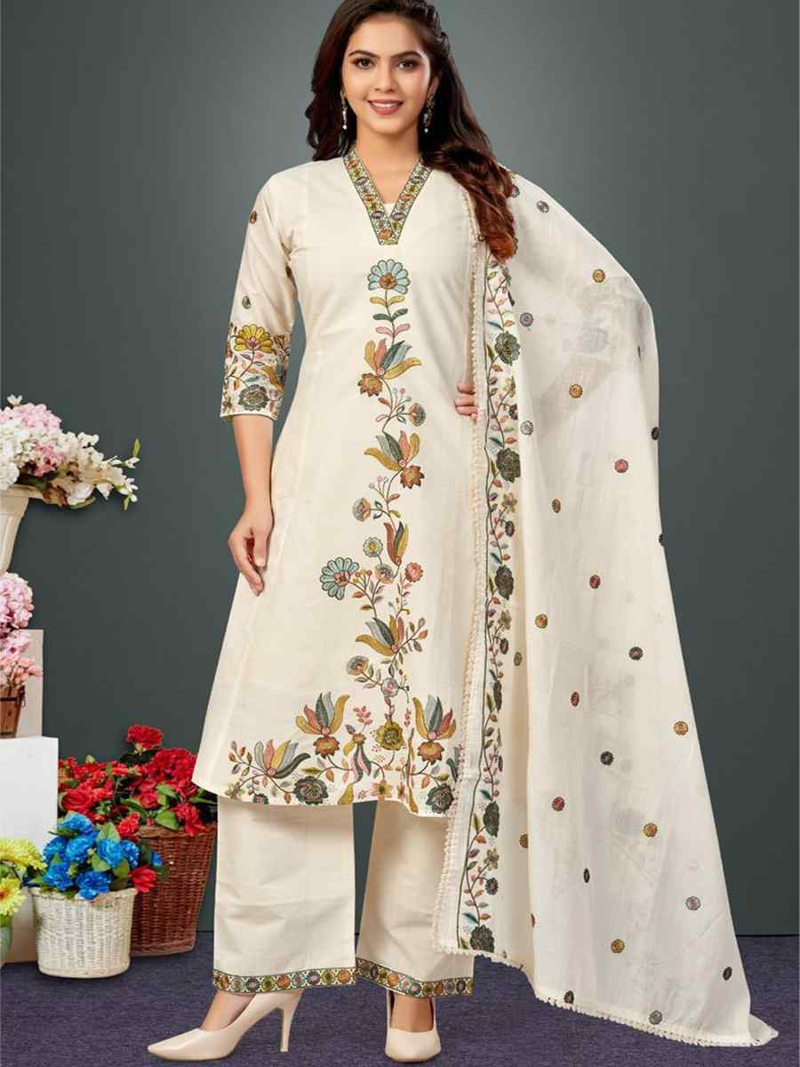 Off-White khadi Cotton Embroidery Party Wedding Festival Casual Ready Palazzo Pant Salwar Kameez