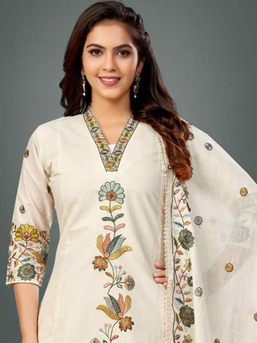 Off-White khadi Cotton Embroidery Party Wedding Festival Casual Ready Palazzo Pant Salwar Kameez