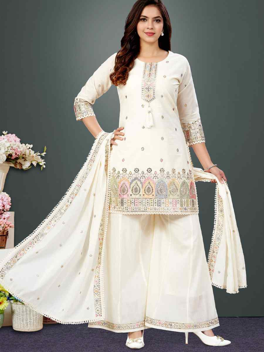 Off-White khadi Cotton Embroidery Party Wedding Festival Casual Ready Palazzo Pant Salwar Kameez