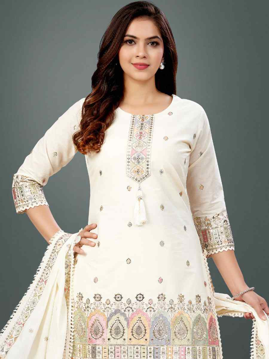 Off-White khadi Cotton Embroidery Party Wedding Festival Casual Ready Palazzo Pant Salwar Kameez