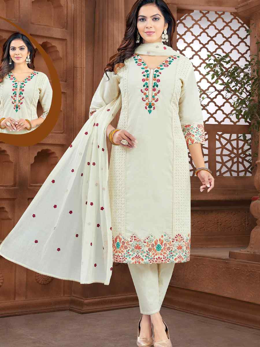 Off-White khadi Cotton Embroidery Party Wedding Festival Casual Ready Pant Salwar Kameez