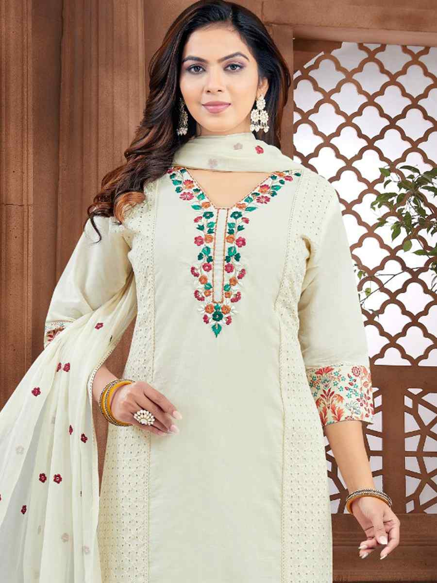 Off-White khadi Cotton Embroidery Party Wedding Festival Casual Ready Pant Salwar Kameez