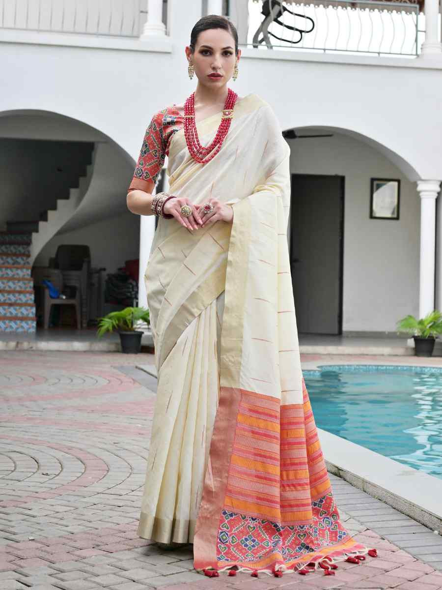 Off-White Khadi Raw Silk Handwoven Casual Reception Festival Wedding Fancy Classic Style Sarees