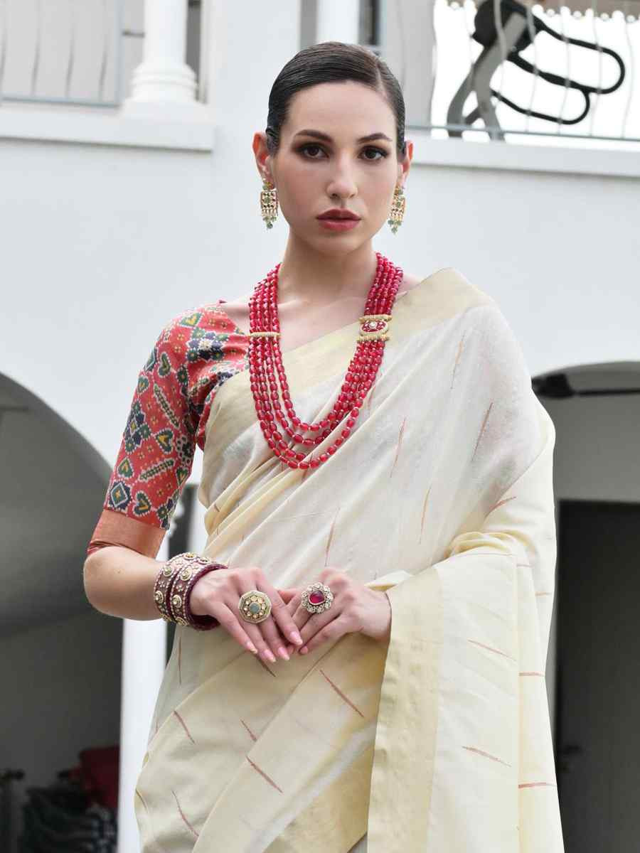 Off-White Khadi Raw Silk Handwoven Casual Reception Festival Wedding Fancy Classic Style Sarees