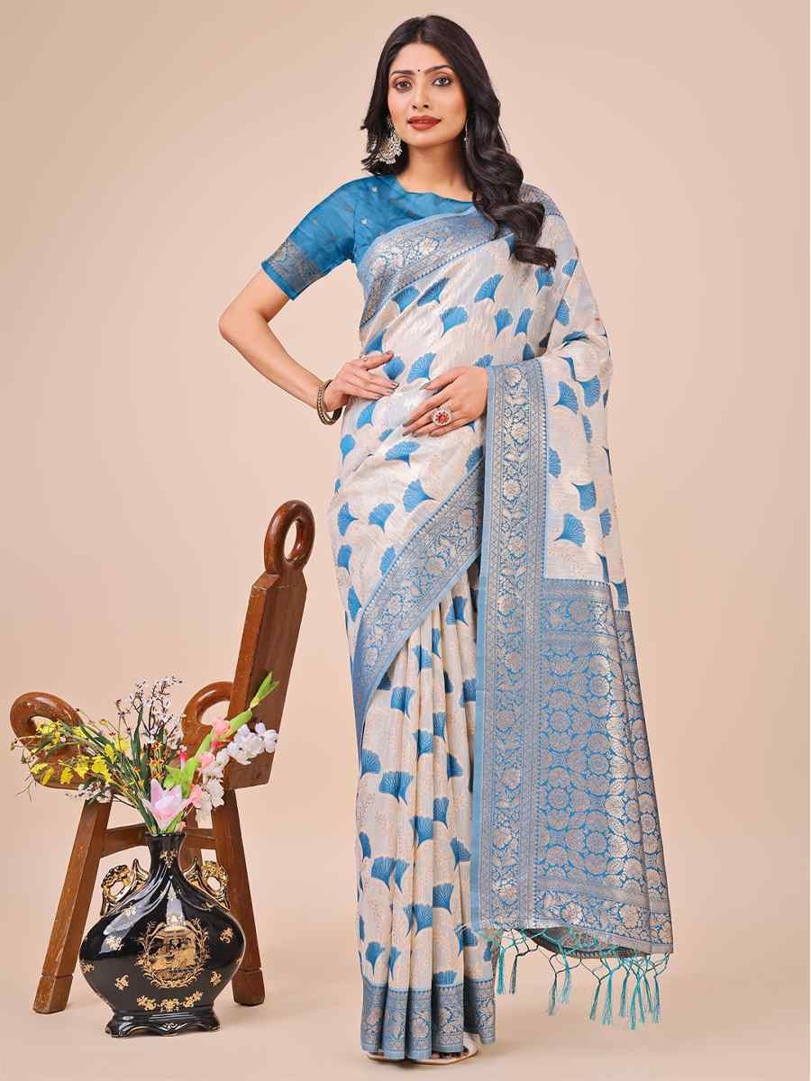 Off-White Linen Cotton Handwoven Festival Wedding Fancy Heavy Border Saree
