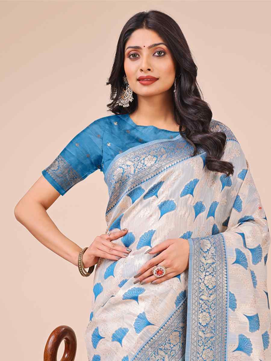 Off-White Linen Cotton Handwoven Festival Wedding Fancy Heavy Border Saree