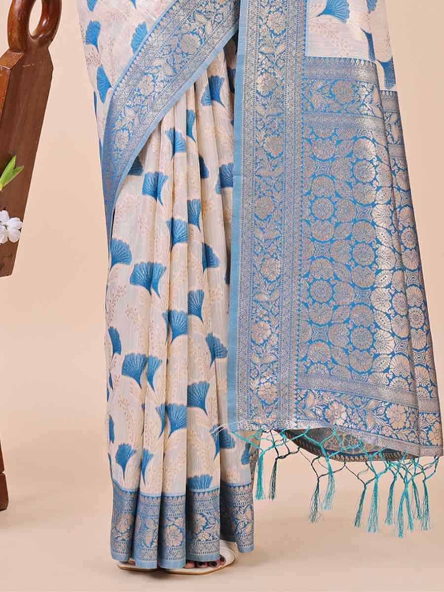 Off-White Linen Cotton Handwoven Festival Wedding Fancy Heavy Border Saree