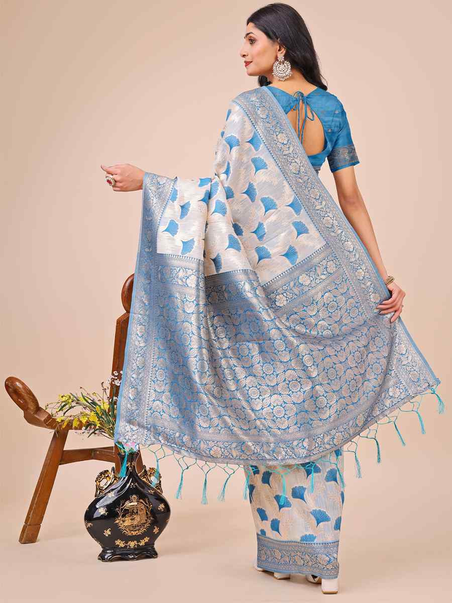 Off-White Linen Cotton Handwoven Festival Wedding Fancy Heavy Border Saree