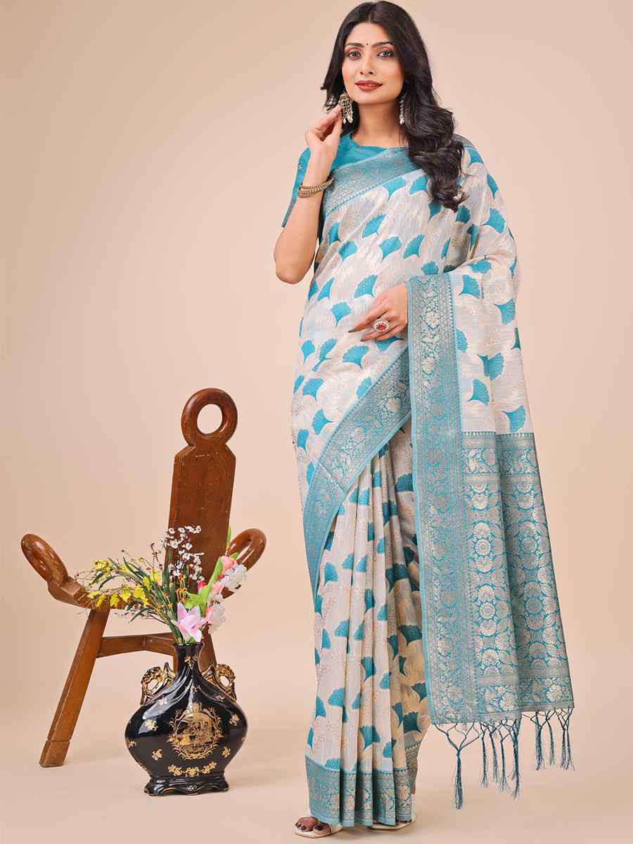 Off-White Linen Cotton Handwoven Festival Wedding Fancy Heavy Border Saree