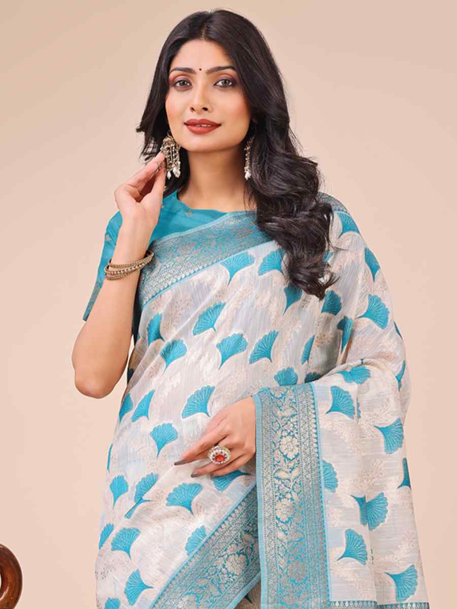 Off-White Linen Cotton Handwoven Festival Wedding Fancy Heavy Border Saree