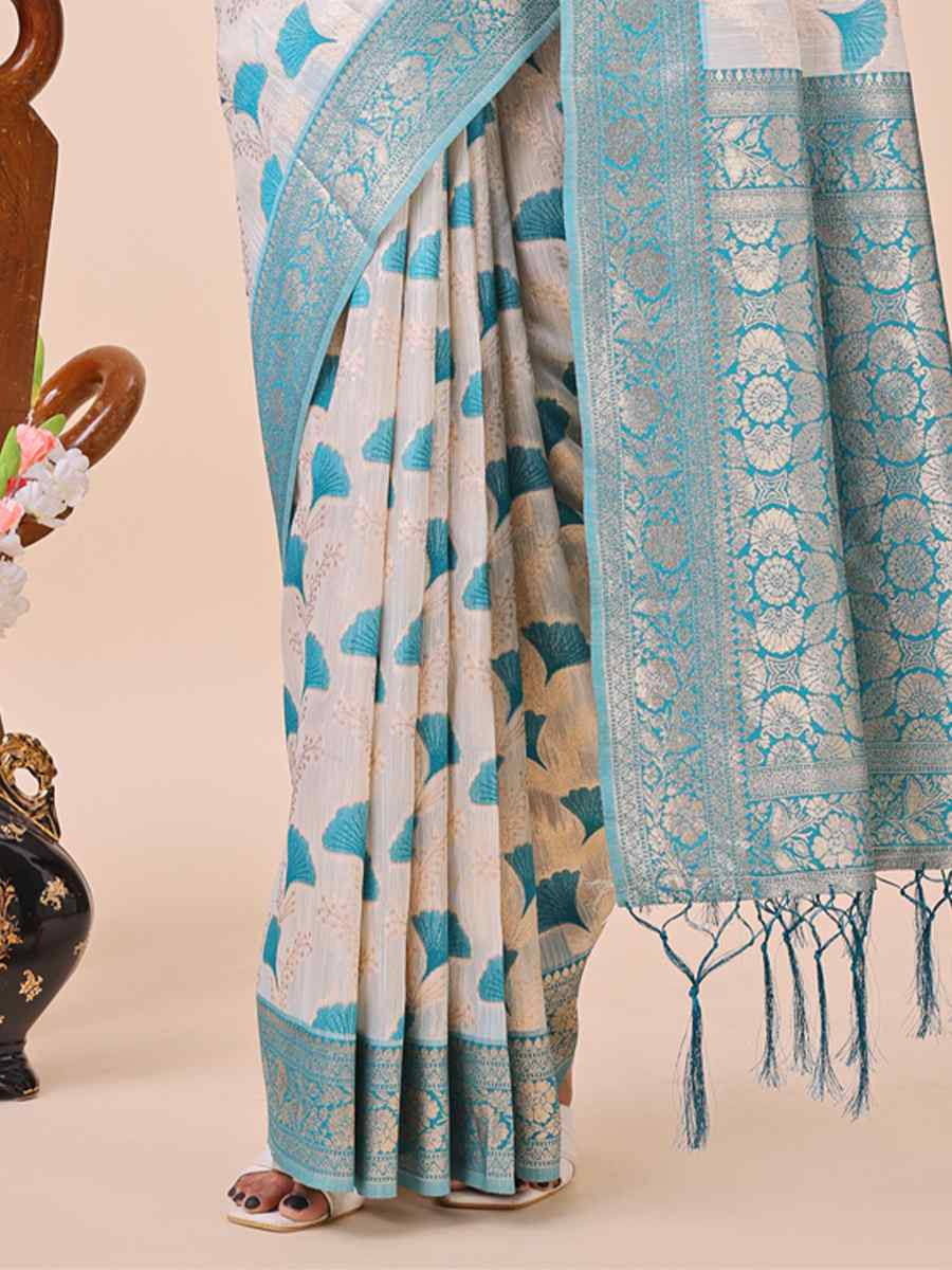 Off-White Linen Cotton Handwoven Festival Wedding Fancy Heavy Border Saree