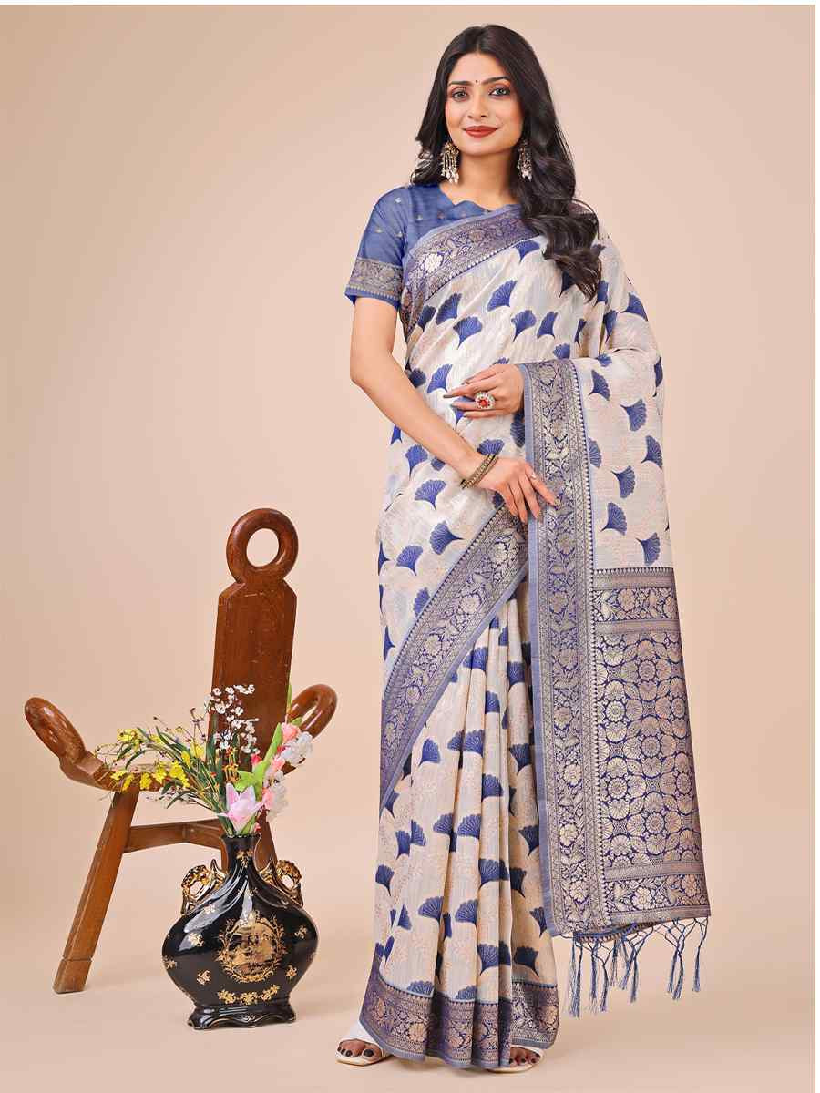 Off-White Linen Cotton Handwoven Festival Wedding Fancy Heavy Border Saree